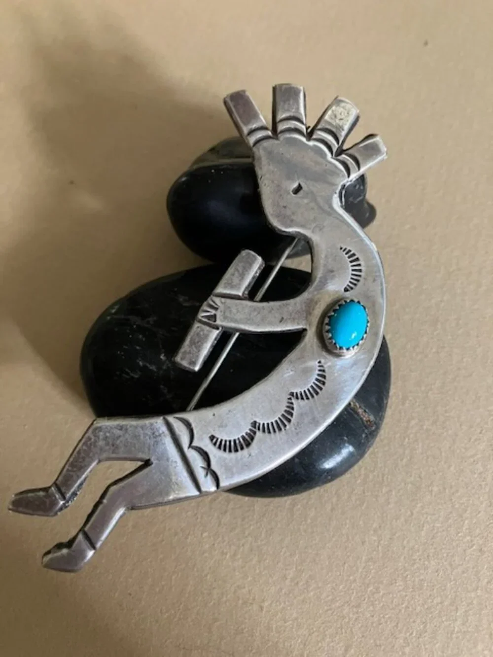 Vintage Navajo Extra Large Sterling Turquoise Kokopelli Pin Brooch